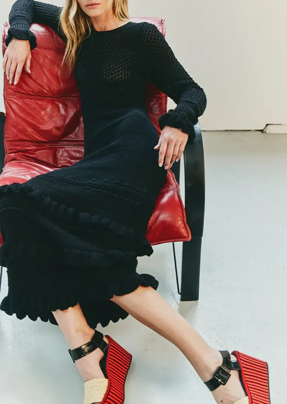 Long Sleeved Knit Ruffled Midi Dress