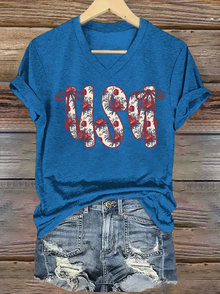 Woman'S USA Independence Day V-Neck And Short Sleeves T-shirt