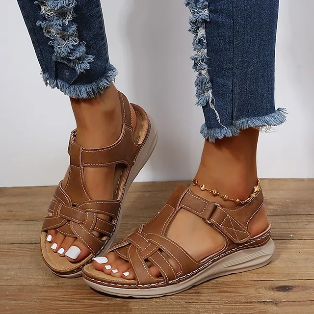 Women's Sandals Wedge Sandals Comfort Shoes Plus Size Outdoor Daily Beach Summer Flat Heel Open Toe Vintage Classic Casual Walking Shoes Faux Leather Magic Tape Solid Color Solid Colored Black Brown