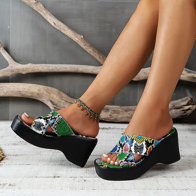 Women's Sandals Slippers Wedge Sandals Platform Sandals Plus Size Daily Beach Summer Platform Wedge Heel Open Toe Vintage Casual Faux Leather Loafer Color Block Black / White Snake pattern Black