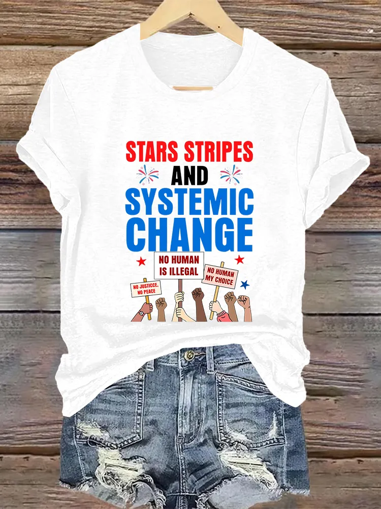Woman'S Stars Stripes And Systemic Change Crew Neck Short Sleeve T-Shirt