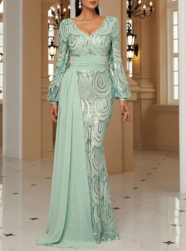 Formal Draping Sequin Long Sleeve Dress
