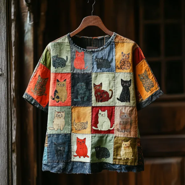 Women's Pop Art Cat Contrast Patchwork T-shirt
