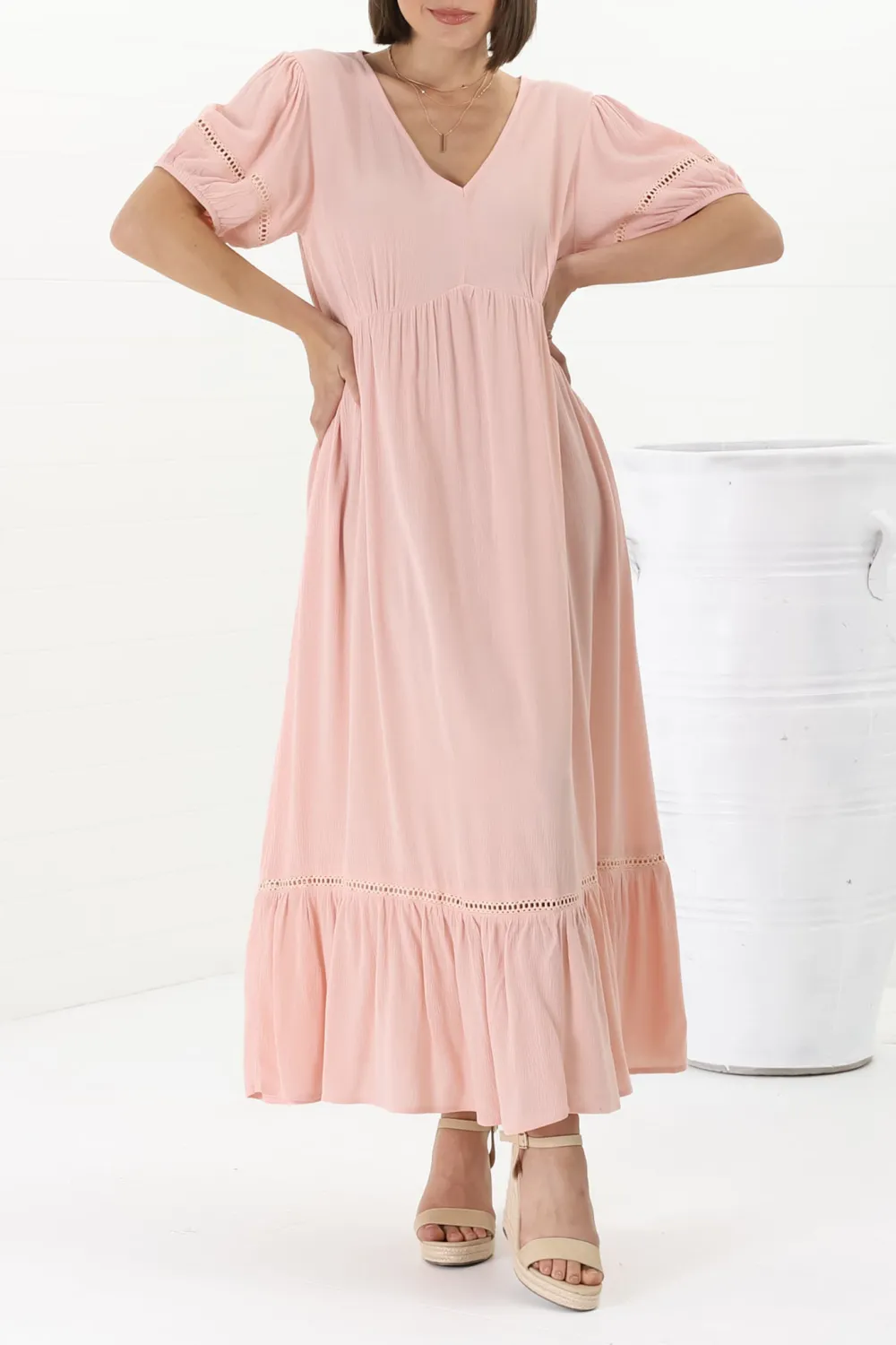 Pink V Neck Puff Sleeve Ruffled Maxi Dress