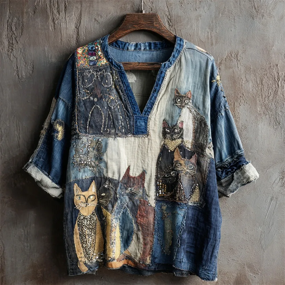 Vintage Shabby Patchwork Cowboy Cat Women's V-neck Shirt