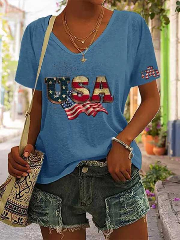 Women'S Short-Sleeved V-Neck T-Shirt With National Flag Pattern Printing