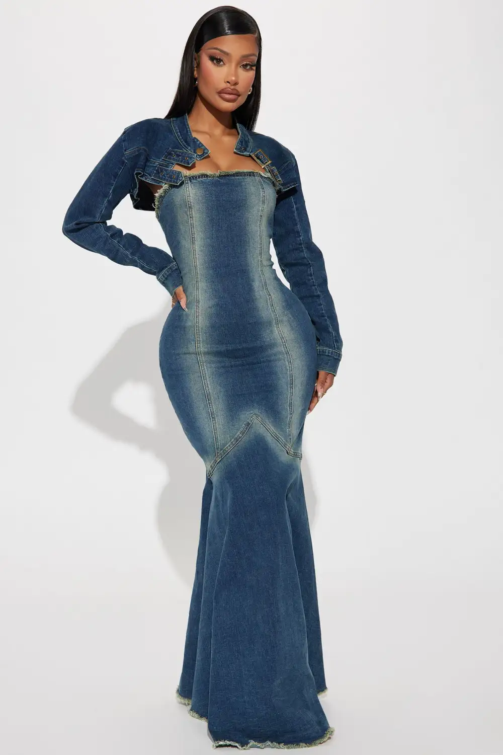 Elisha Denim Maxi Dress Set - Medium Wash