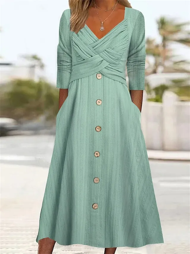 Women's Casual Dress Pleated Dress Plain Dress Plain Ruched Button V Neck Midi Dress Fashion Mature Outdoor Street Half Sleeve Loose Fit White Purple Green Summer Spring S M L XL XXL