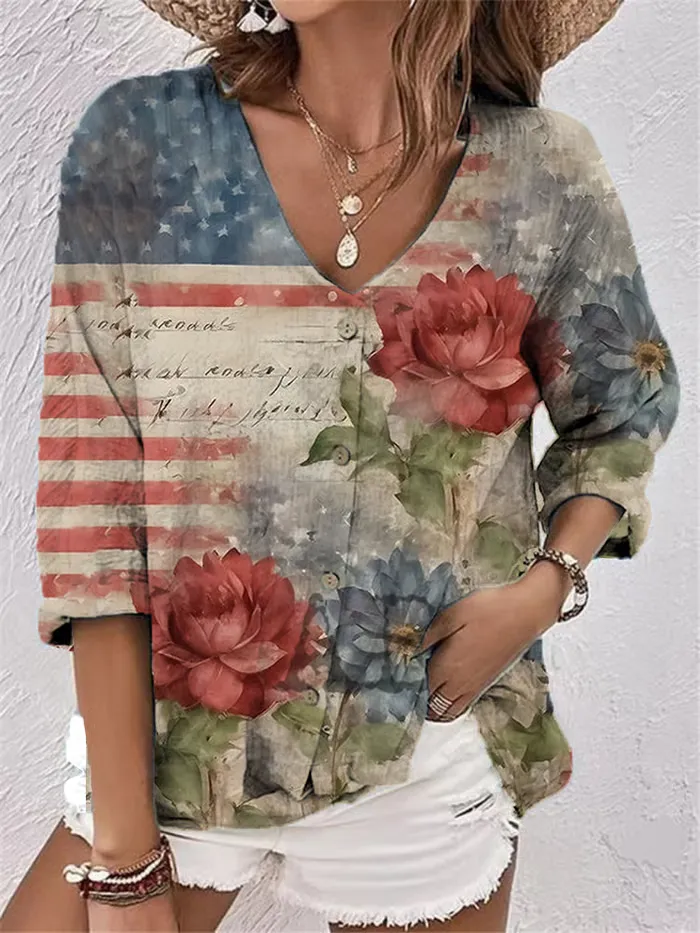 Women'S Stars And Stripes And Flower Prints V-Neck Long-Sleeved Shirt