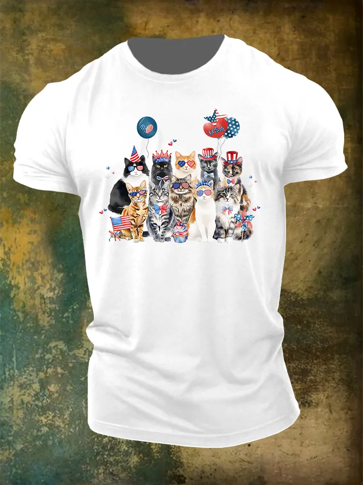 Men'S Independence Day Cat Flag Round-Neck T-Shirt