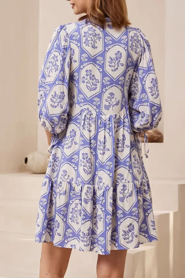 Purple Patterned V Neck Swing Dress