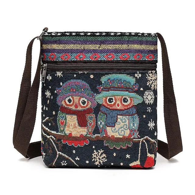 Women's Crossbody Bag Shoulder Bag Hobo Bag Polyester Daily Holiday Zipper Large Capacity Lightweight Durable Geometric Cat Folk [Small Size]Couple Cat [Trumpet] Yellow Elephant [Trumpet] Blue