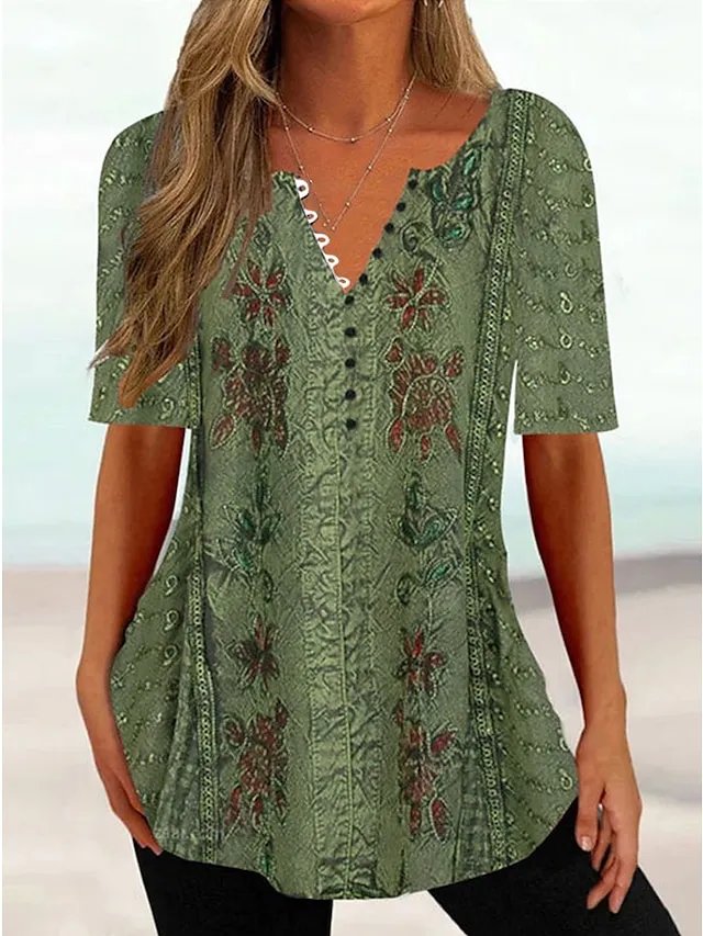 Women's T shirt Tee White Yellow Light Green Floral Button Print Short Sleeve Holiday Weekend Tunic Basic Round Neck Regular Fit Floral Painting