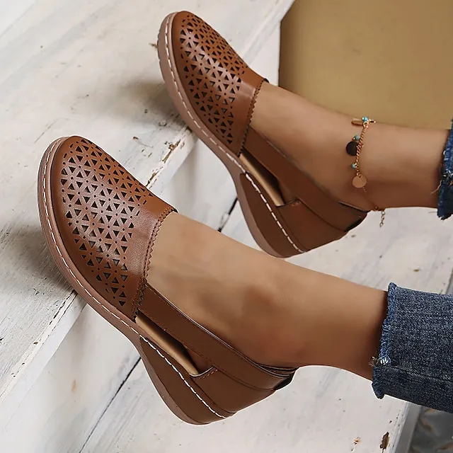 Women's Sandals Wedge Sandals Comfort Shoes Plus Size Outdoor Work Daily Summer Hollow Out Flat Heel Round Toe Classic Casual Minimalism Walking Shoes Faux Leather Loafer Solid Color Solid Colored