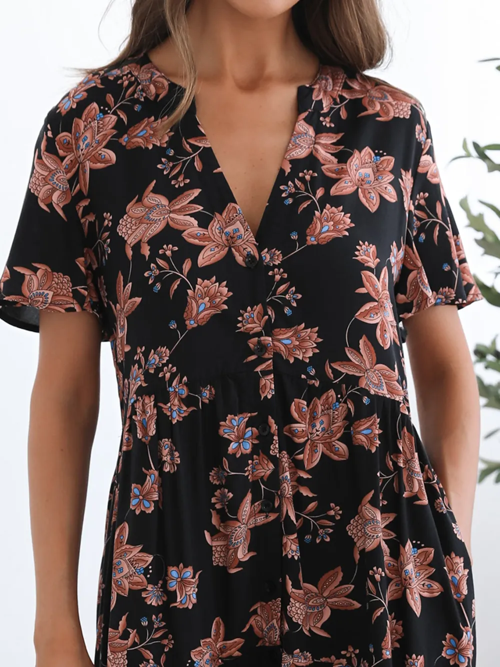 Black Floral V Neckline Dress