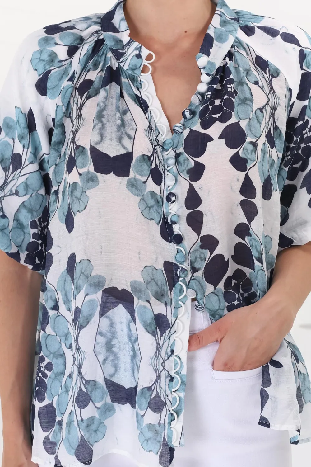 Blue Floral Print Short Sleeve Blouse