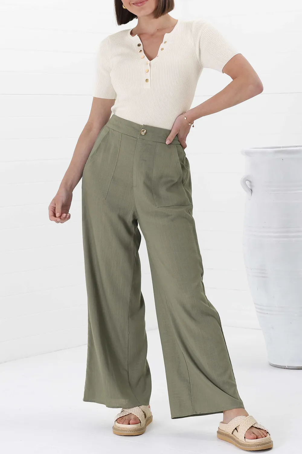 Olive Green High Waist Wide Leg Trousers