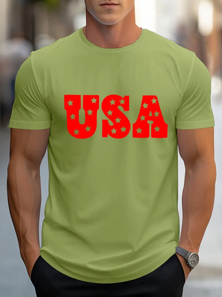 Man'S USA Print Round-Neck Short-Sleeved T-Shirt