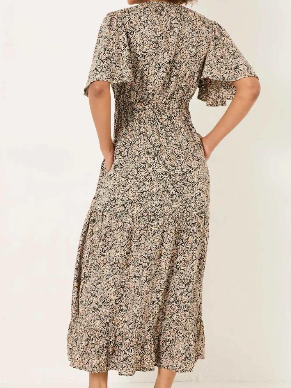 Black Floral Waist Tie Midi Dress