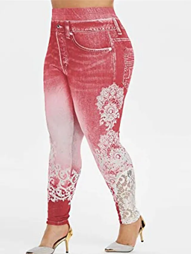 Women's Chinos Pants Trousers Leggings Full Length Faux Denim Lace Pocket Micro-elastic Streetwear Casual Daily Going out Black Pink L XL Fall Winter