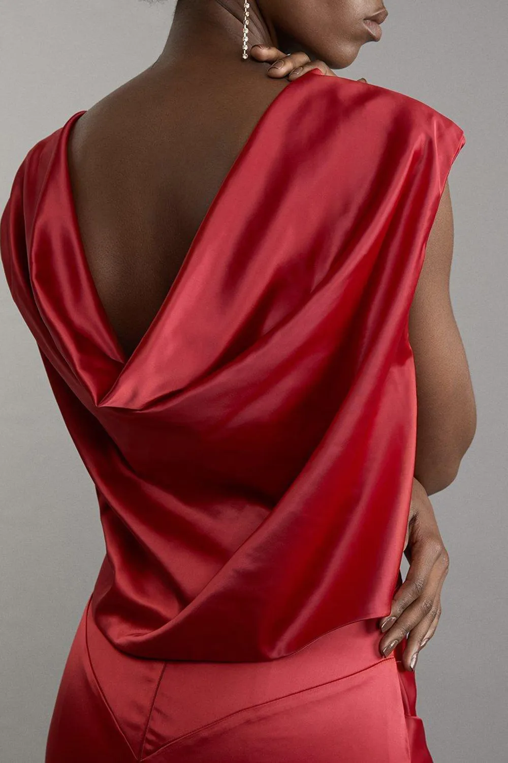 High Neck Sleeveless Satin Drape Woven Midaxi Dress