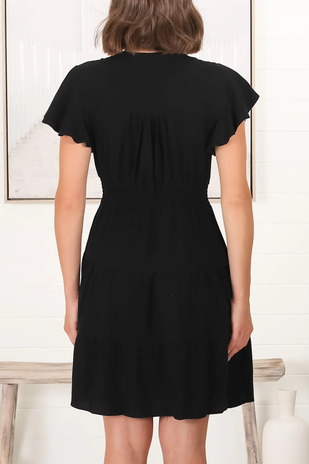 Black V Neck Button Front Ruffle Dress