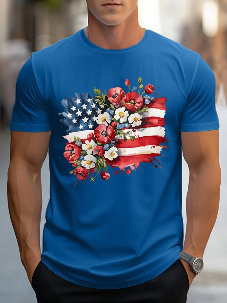 Men's Independence Day Flowers Round-Neck Short-Sleeved T-Shirt