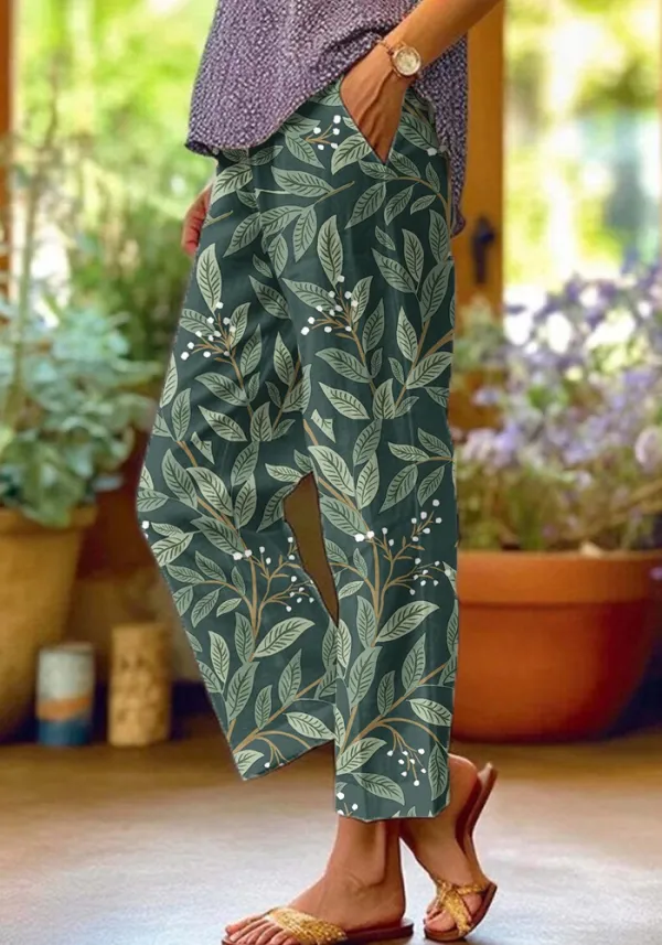 Women's Casual Green Plant Print Cotton and Linen Trousers