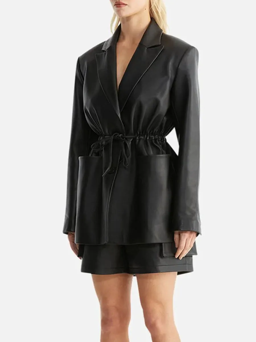 Black Belted Leather Blazer