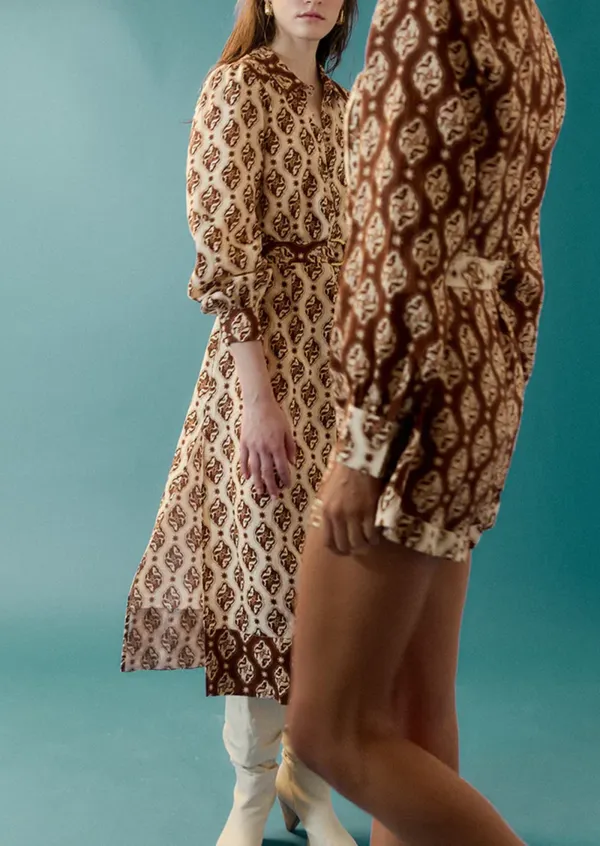 Patterned Long Sleeved Midi Dress