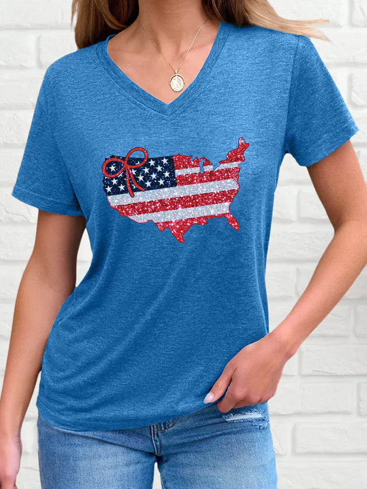 Woman'S Damaged Stars And Stripes Bow Print V-Neck And Short Sleeves T-Shirt