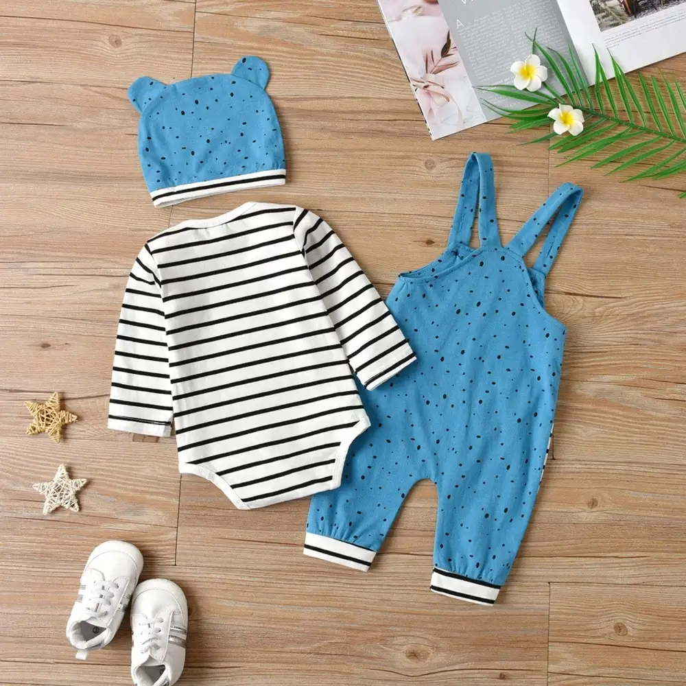 Three Piece Stripe Baby Romper Set