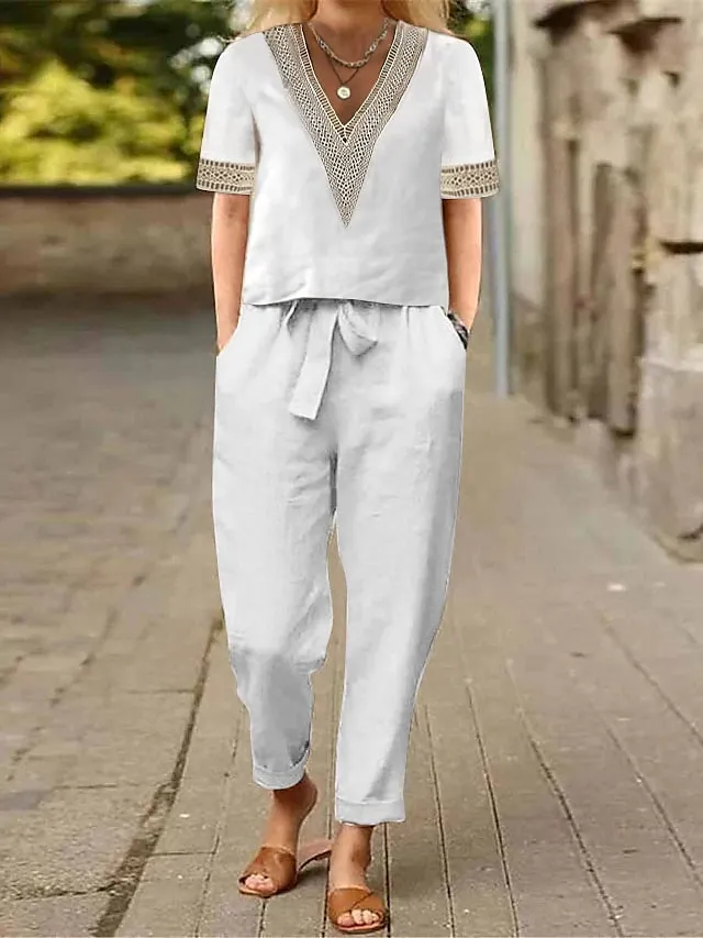 Women's Loungewear Sets 2 Pcs Cotton Blend Abstract Flower Casual Comfort Home Street Daily  Breathable Stand Collar Half Sleeve Pullover Pants Pocket Belt Included Summer Spring White Light Green