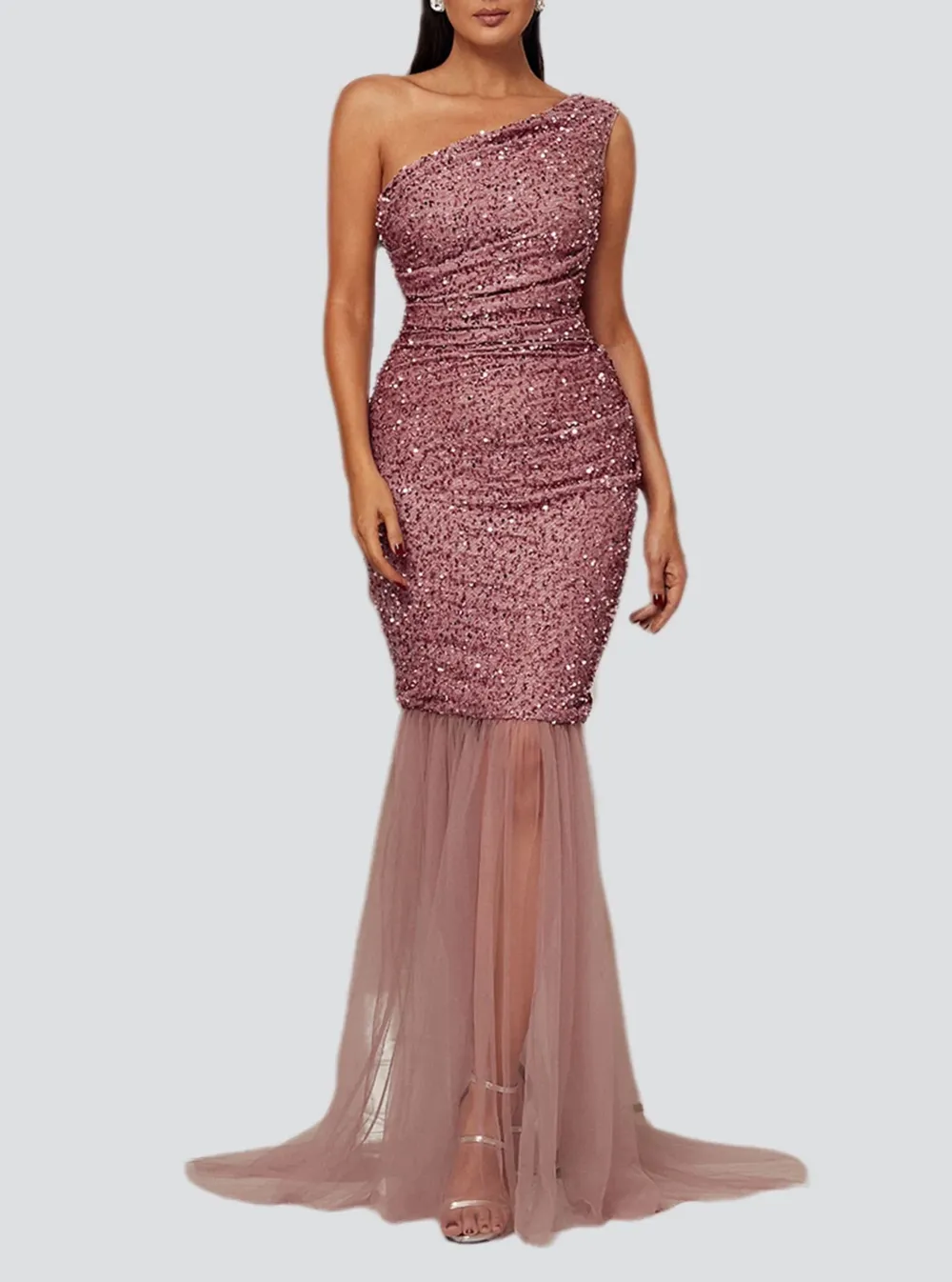 One Shoulder Mermaid Pink Sequin Prom Dress