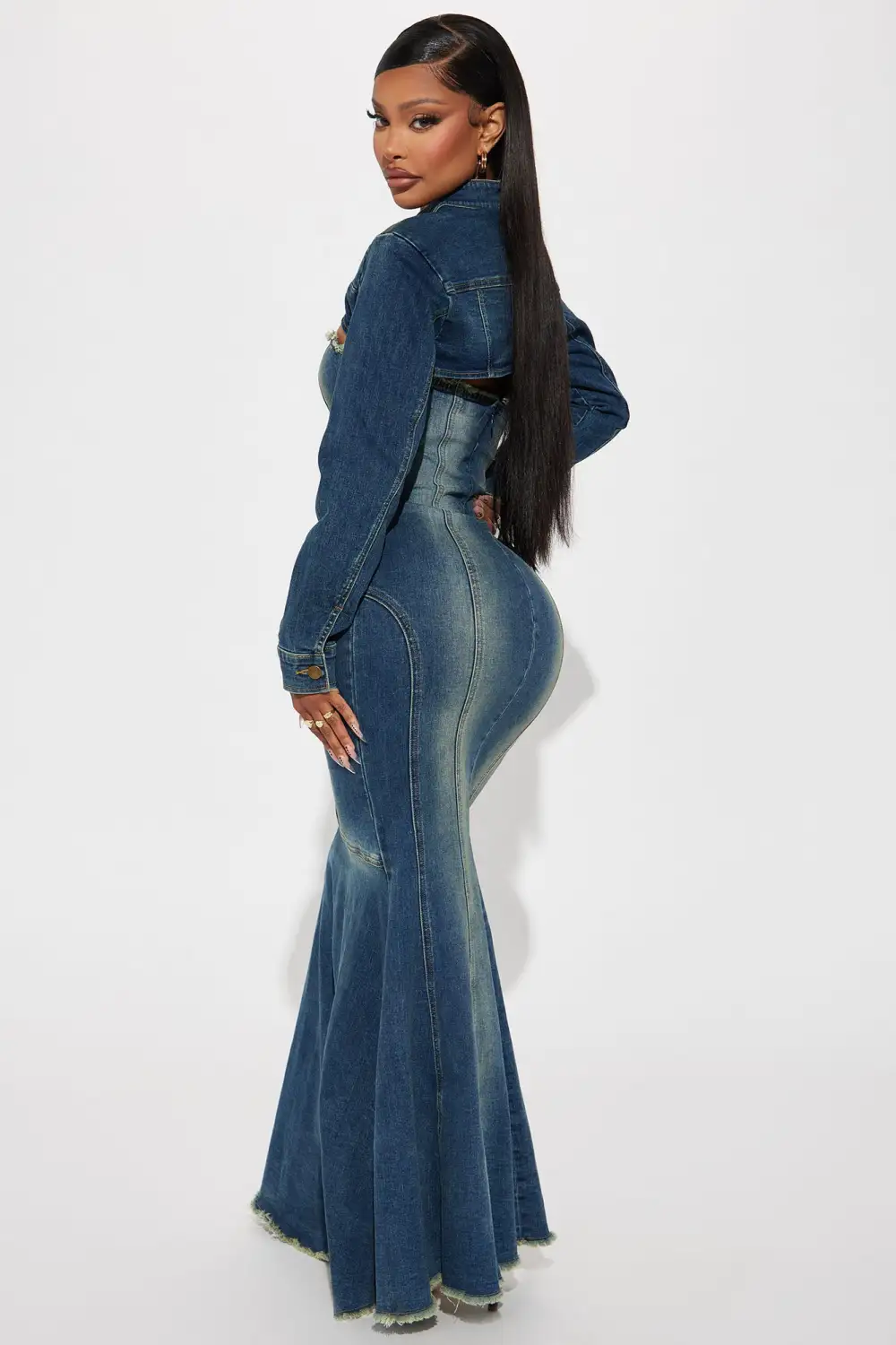 Elisha Denim Maxi Dress Set - Medium Wash