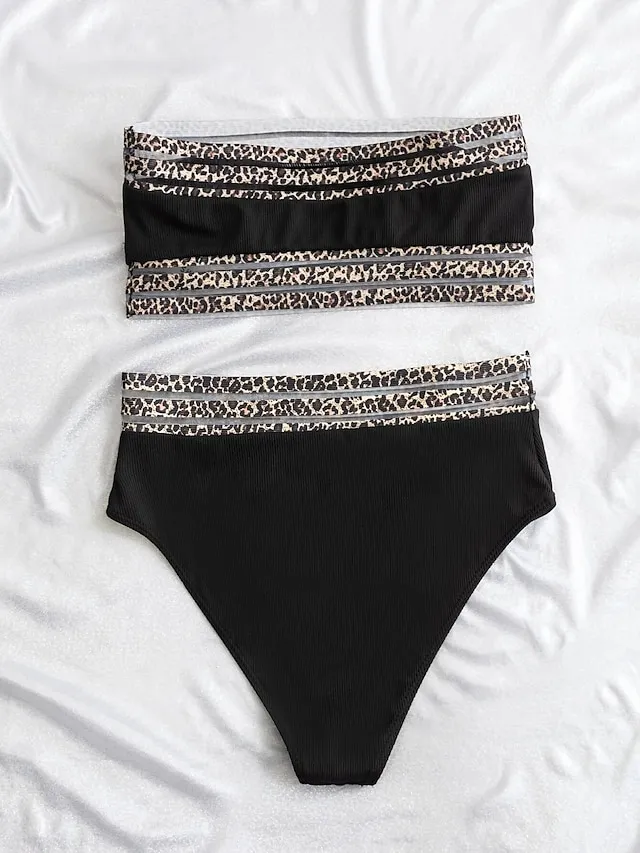 Women's Swimwear Bikini 2 Piece Normal Swimsuit Backless Sexy Printing Bandeau Strapless Leopard Black Strapless Bathing Suits New Vacation Sexy