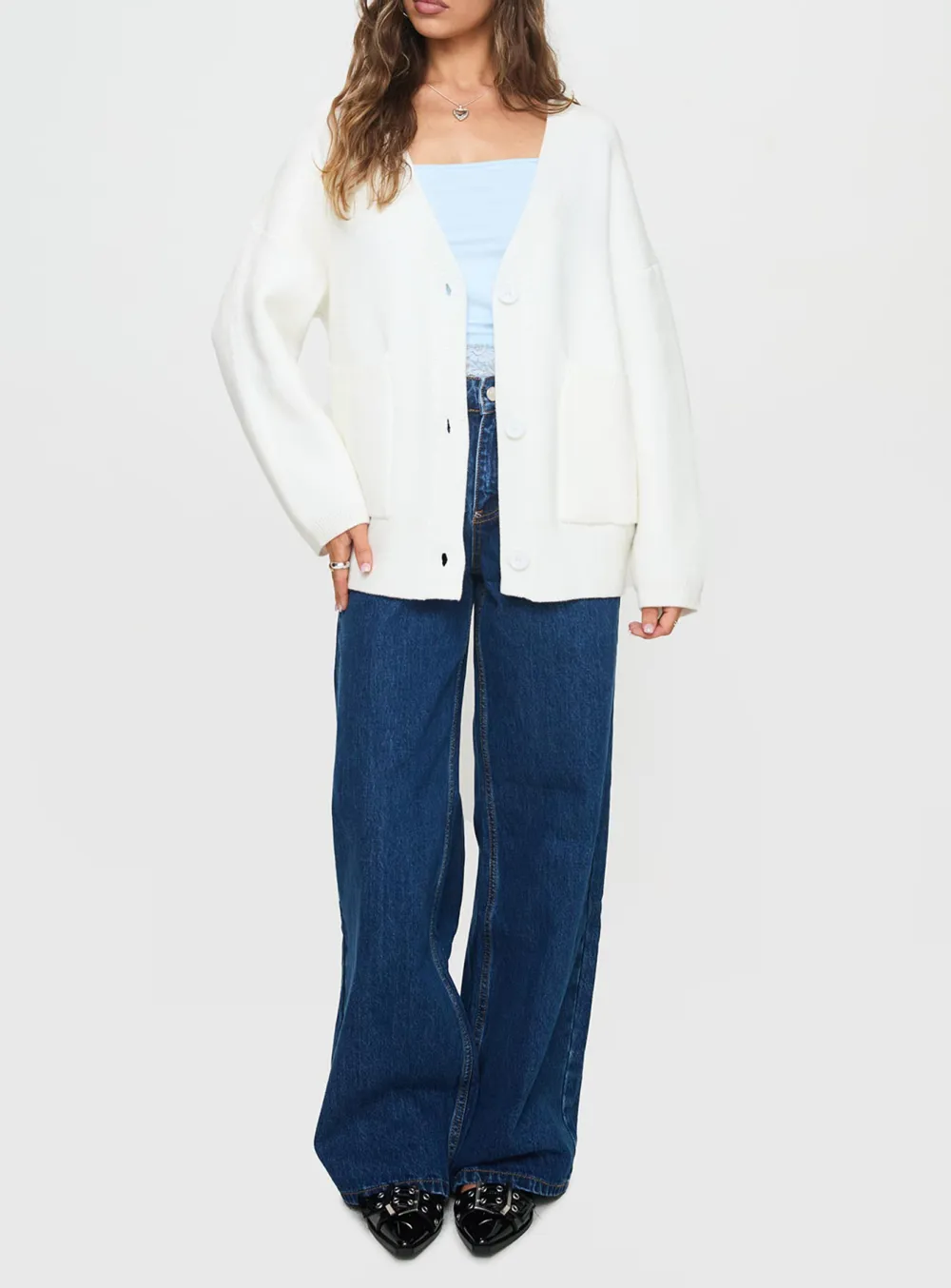 Deep Neck Cardigan White