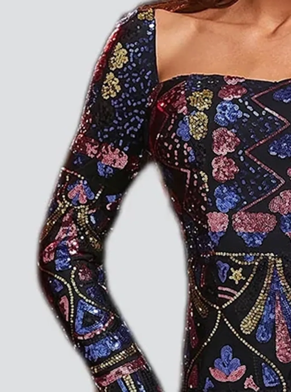 Square Neck Long Sleeve Split Sequin Dress