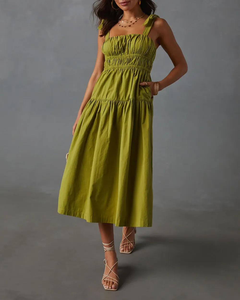Tie Shoulder Tiered Midi Dress