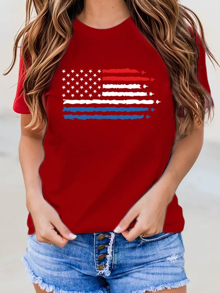 Woman'S Stars And Stripes Print Round-Neck Short-Sleeved T-Shirt