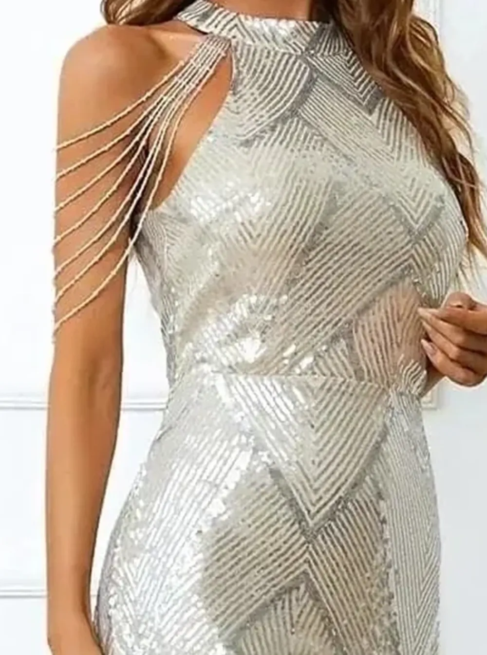 Cold Shoulder Beads Chain Cocktail Dress