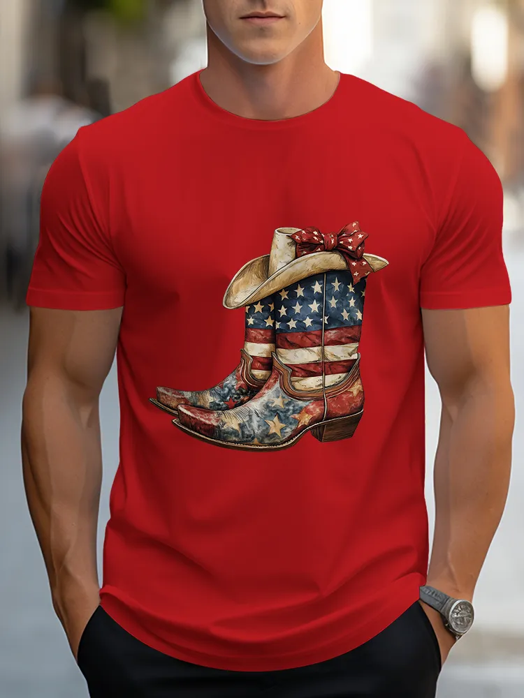 Man'S Star-Striped Western Boot Print Round-Neck Short-Sleeved T-Shirt
