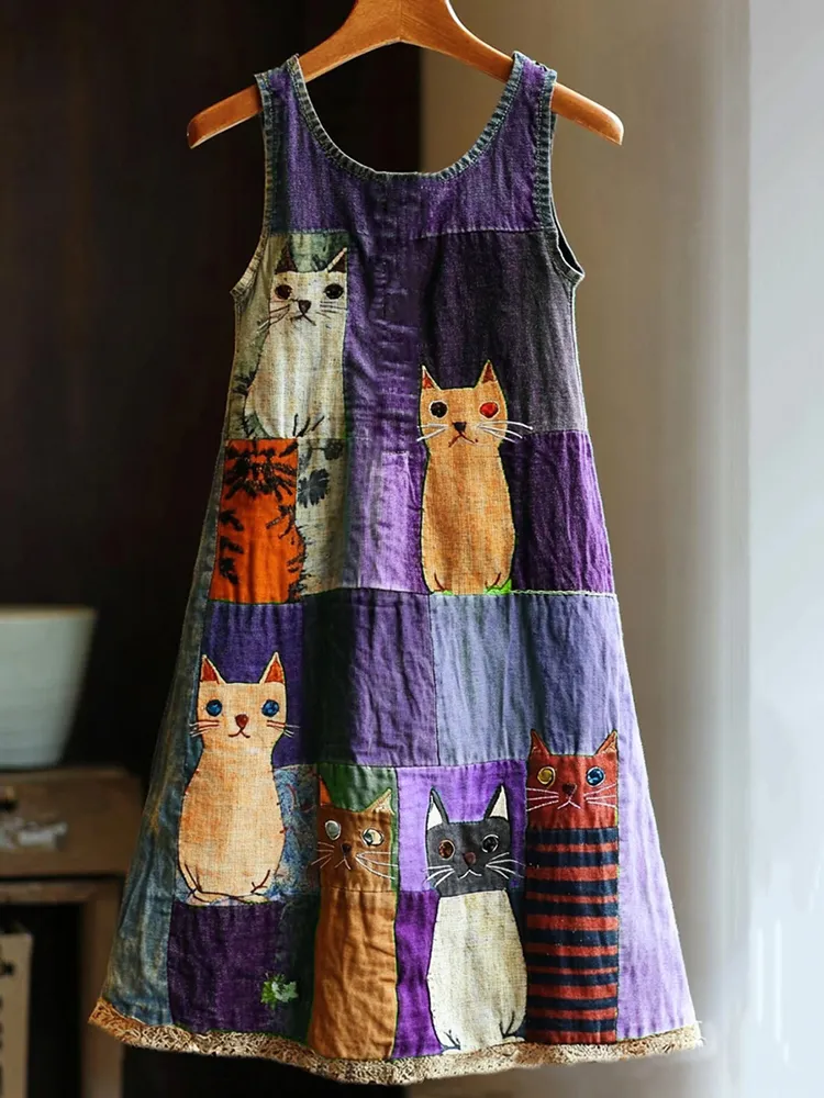 Casual Pop Art Patchwork Denim Cat Dress
