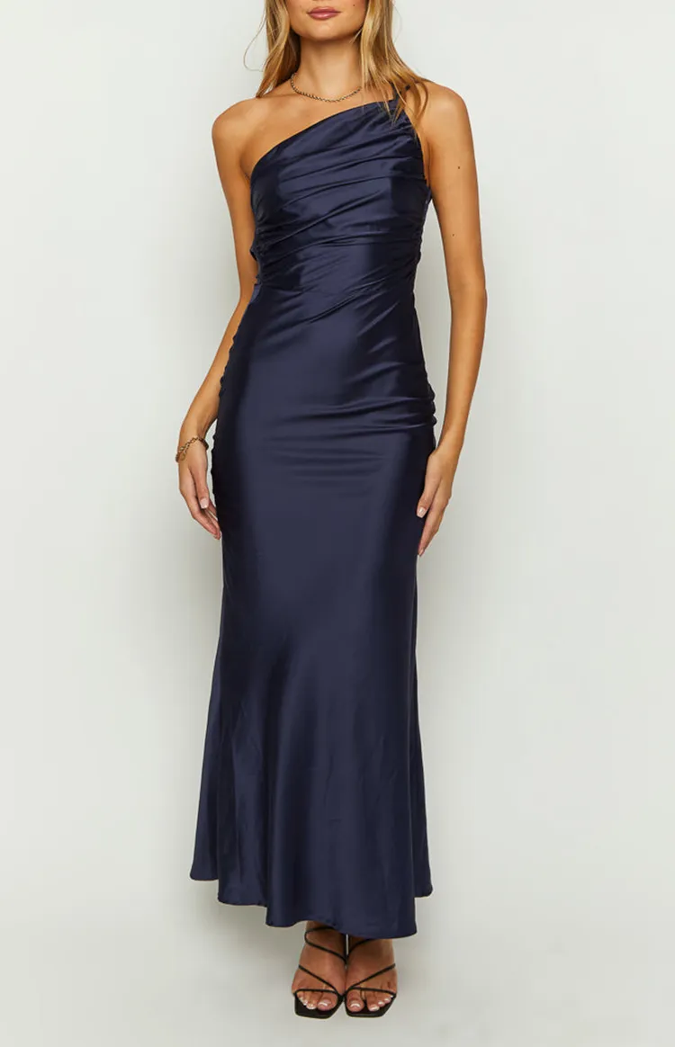 Navy One Shoulder Satin Formal Dresses