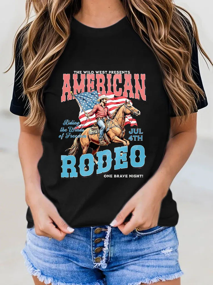 Woman'S American Robeo Round-Neck Short-Sleeved T-Shirt