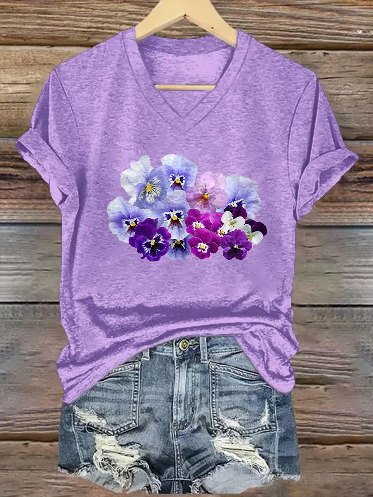 Women'S Floral Printed Alzheimer'S Awareness V-Neck T-Shirt