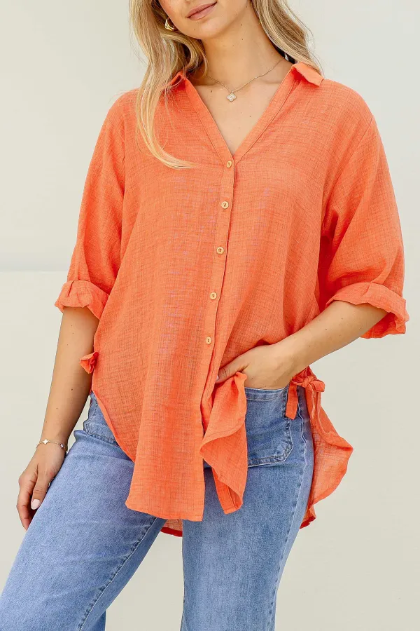 Orange Linen Tie Side Roll Up Shirt