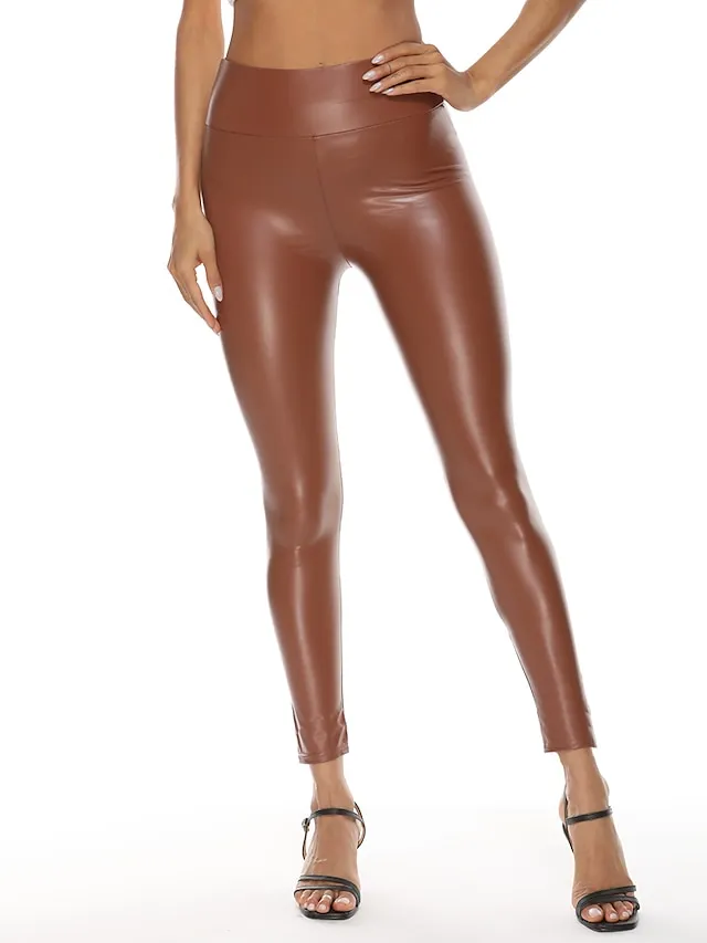 Women's Basic Essential Chic & Modern Pants Leggings Ankle-Length Pants Club Stretchy Solid Colored PU Artificial Leather High Waist Skinny Wine Red Black Dark Green color Dark Blue S M L XL XXL