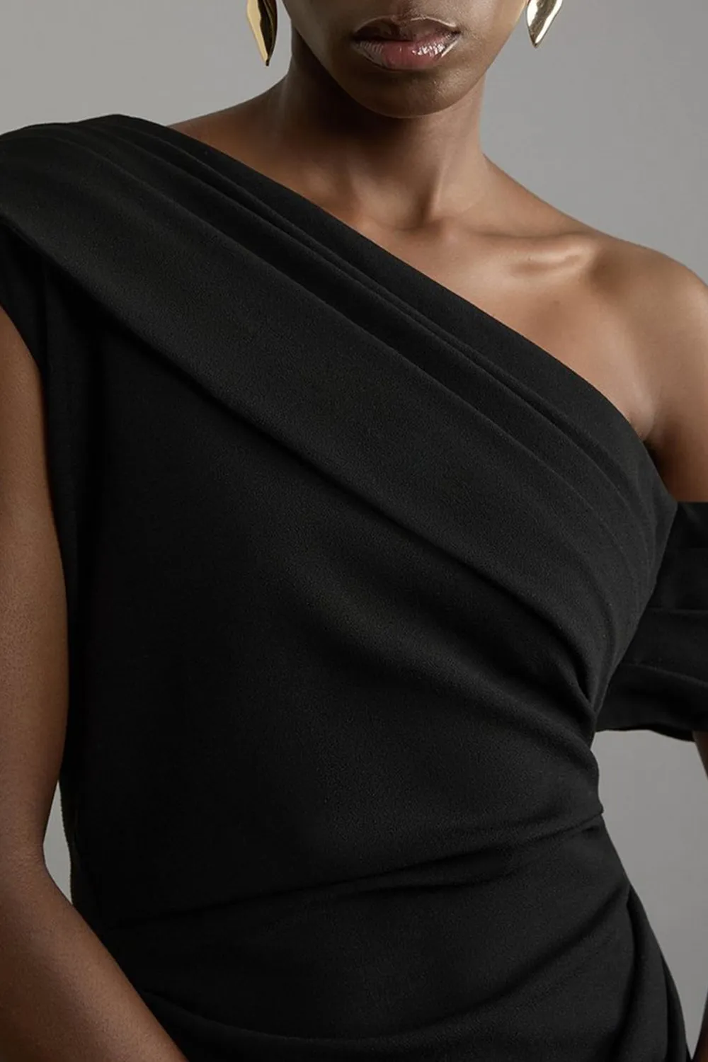 Structured Crepe Asymmetric Tailored Pencil Midi Dress