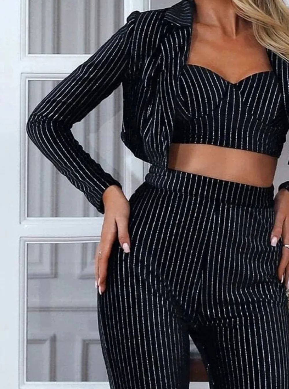 Backless Long Sleeve Black Pinstriped Set